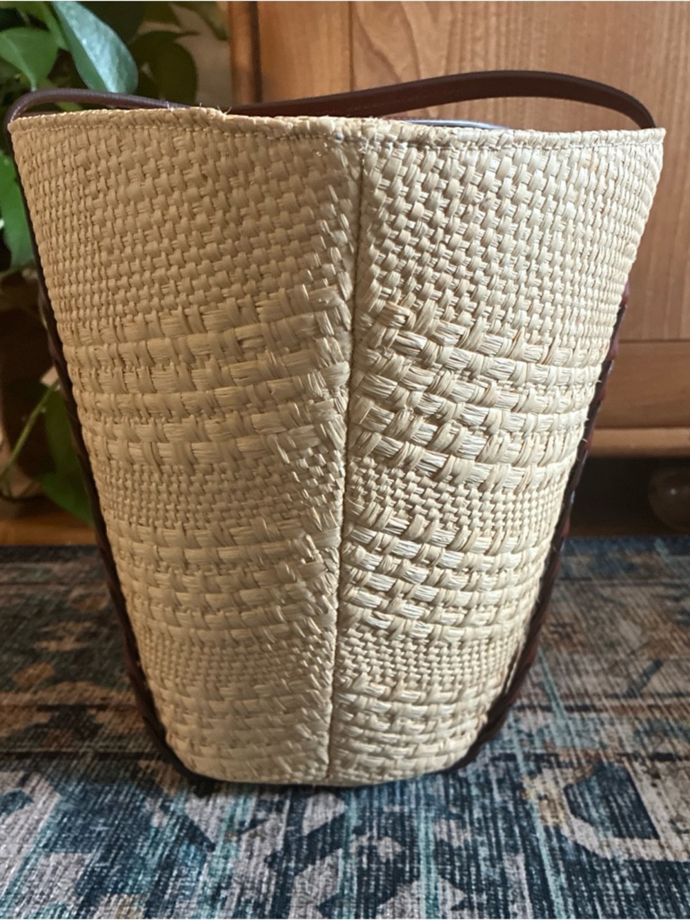 Sezane basket tote natural raffia with brown leather - Picture 5 of 9
